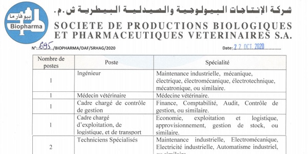 بشهادة البكالوريا أو الدبلوم ISTA.. شركة الإنتاجات البيولوجية والصيدلية البيطرية (بيوفارما) : مباريات لتوظيف 12 مناصب. آخر أجل 8 نونبر 2020