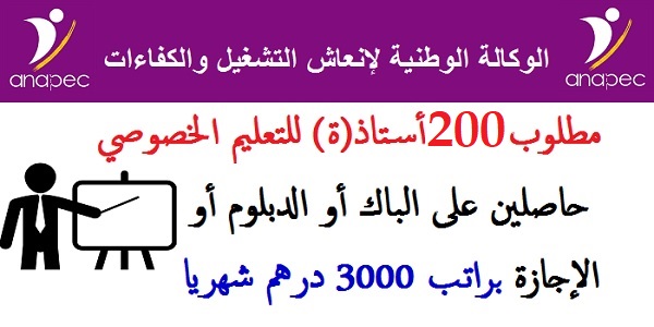 مطلوب 200 أستاذ(ة) للتعليم الخصوصي حاصلين على الباك أو الدبلوم أو الإجازة براتب 3000 درهم شهريا