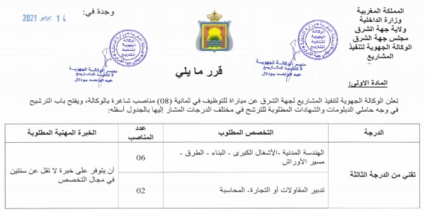 كونكورات جداد في الوكالة الجهوية لتنفيذ المشاريع لجهة الشرق آخر أجل 1 يوليوز 2021