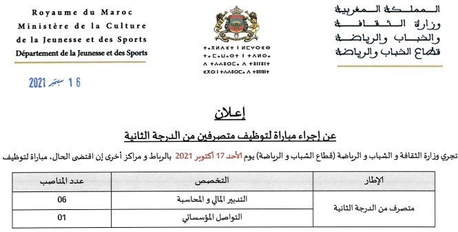 كونكورات جداد في وزارة الثقافة والشباب والرياضة آخر أجل 1 اكتوبر 2021