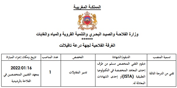 كونكور جديد بالغرفة الفلاحية لجهة درعة – تافيلالت في بعض الدرجات والتخصصات. آخر أجل هو 28 دجنبر 2021