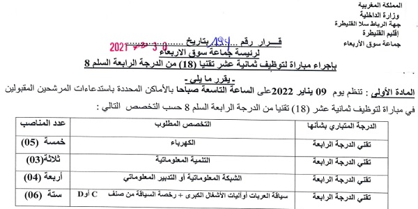 جماعة سوق الاربعاء إقليم القنيطرة مباراة لتوظيف 18 تقني من الدرجة الرابعة في العديد من التخصصات