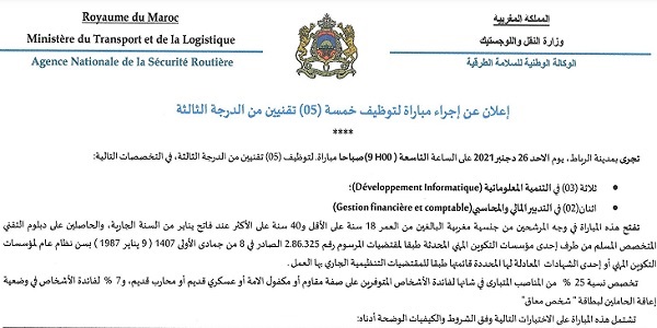 كونكورات جداد في الوكالة الوطنية للسلامة الطرقية،11 مناصب آخر أجل 17 دجنبر 2021