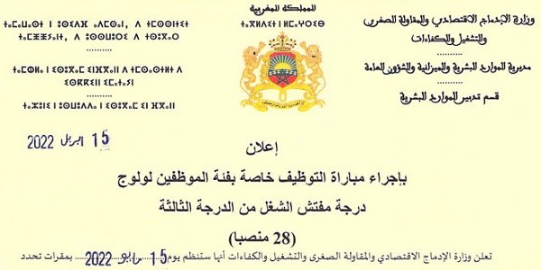 عـــاجل.. مباراة توظيف 28 منصبا بإوزارة الإدماج الاقتصادي والمقاولة الصغرى والتشغيل والكفاءات. آخر أجل هو 29 ابريل 2022