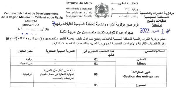 بشهادة البكالوريا أو الدبلوم ISTA.. كونكورات جداد في مركزية الشراء والتنمية للمنطقة المنجمية لتافيلالت وفجيج (CADETAF) آخر أجل 4 نونبر 2022