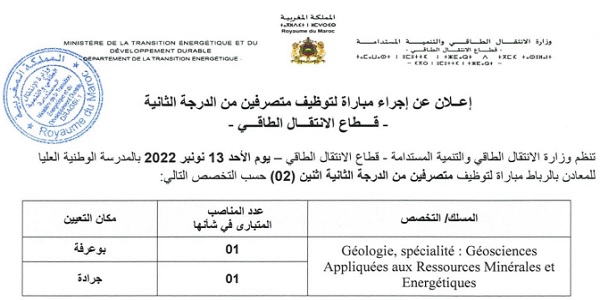 كونكورات جداد في وزارة الانتقال الطاقي والتنمية المستدامة – قطاع الانتقال الطاقي آخر أجل 1 نونبر 2022