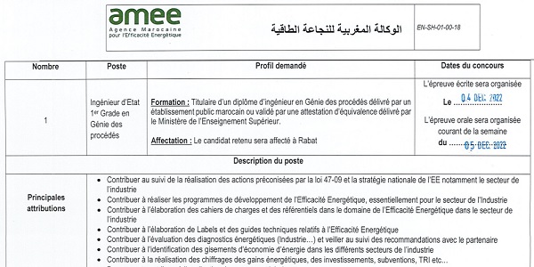 كونكورات جداد في الوكالة المغربية للنجاعة الطاقية آخر أجل 24 نونبر 2022