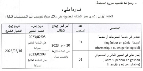 كونكور جديد باالوكالة الحضرية بني ملال في بعض الدرجات والتخصصات ،آخر أجل هو 20 يناير 2023