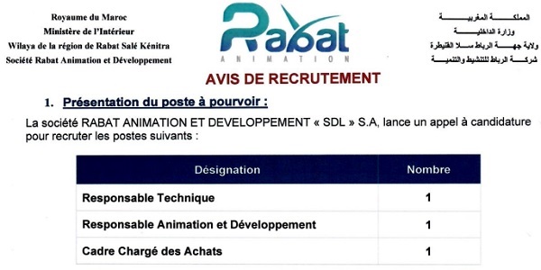 كونكورات جداد في شركة الرباط للتنشيط والتنمية آخر أجل 14 ابريل 2023