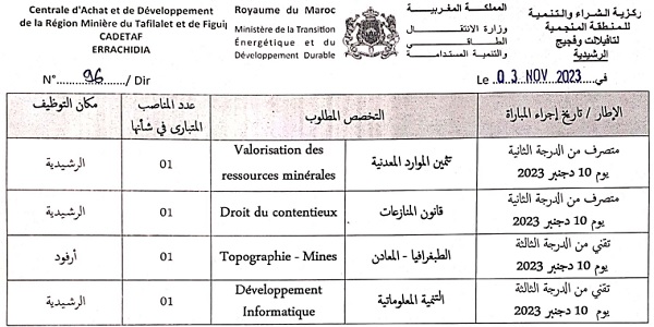 كونكور جديد با مركزية الشراء والتنمية للمنطقة المنجمية لتافيلالت وفجيج (CADETAF) (04 منصب) ، آخر أجل هو 21 نونبر 2023