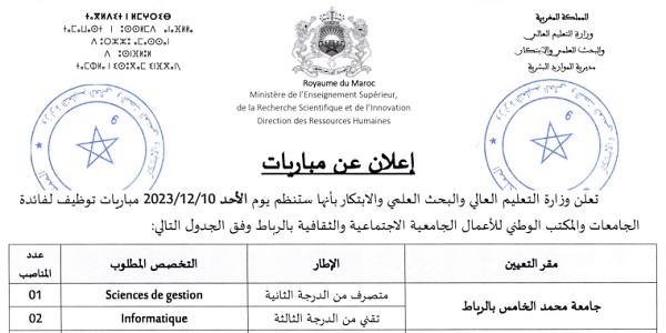 وزارة التعليم العالي والبحث العلمي والابتكار : مباريات لتوظيف 99 مناصب. آخر أجل 30 نونبر 2023