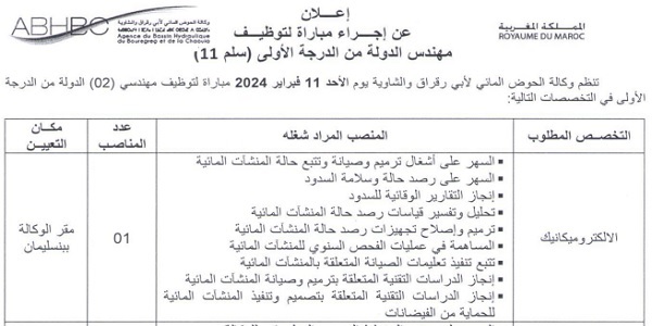 كونكور جديد باوكالة الحوض المائي لأبي رقراق والشاوية . آخر أجل هو 10 يناير 2024