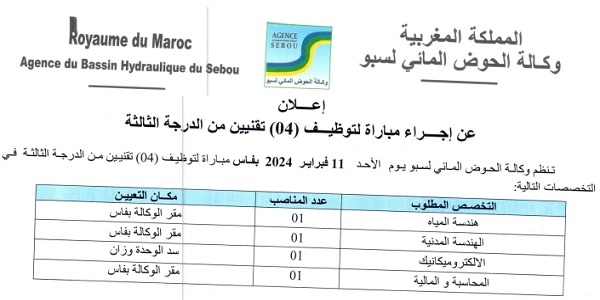 بشهادة البكالوريا أو الدبلوم ISTA.. وكالة الحوض المائي لسبو : مباريات لتوظيف 04 مناصب. آخر أجل 19 يناير 2024