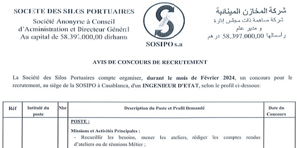 كونكور توظيف ديال الدولة في شركة المخازن المينائية SOSIPO باغين اوظفو اخر اجل يوم 27 يناير 2024