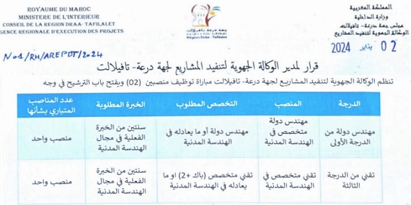 كونكور جديد با الوكالة الجهوية لتنفيذ المشاريع لجهة درعة تافيلالت ، آخر أجل هو 31 يناير 2024