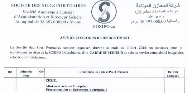 كونكور توظيف ديال الدولة في شركة المخازن المينائية SOSIPO باغين اوظفو اخر اجل يوم 19 يوليوز 2024