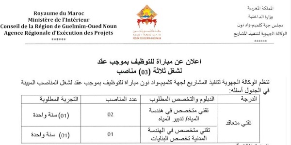 الوكالة الجهوية لتنفيذ المشاريع لجهة كلميم – واد نون : مباريات لتوظيف 04 مناصب. آخر أجل 30 غشت 2024