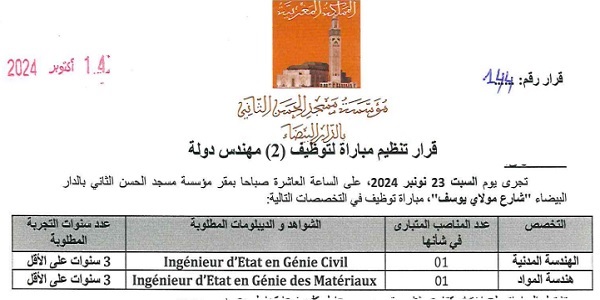 مؤسسة مسجد الحسن الثاني بالدار البيضاء : مباريات لتوظيف 02 مناصب. آخر أجل 8 نونبر 2024