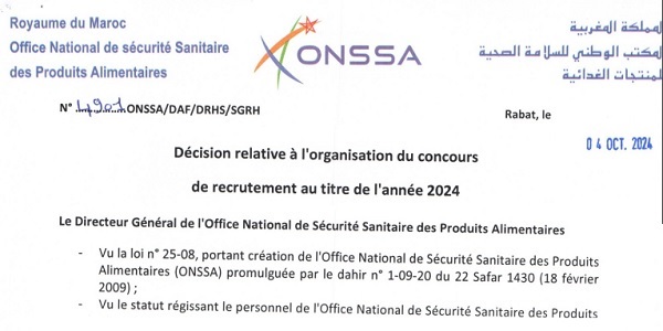 المكتب الوطني للسلامة الصحية للمنتجات الغذائية ONSSA : مباريات لتوظيف 150 مناصب. آخر أجل 21 اكتوبر 2024
