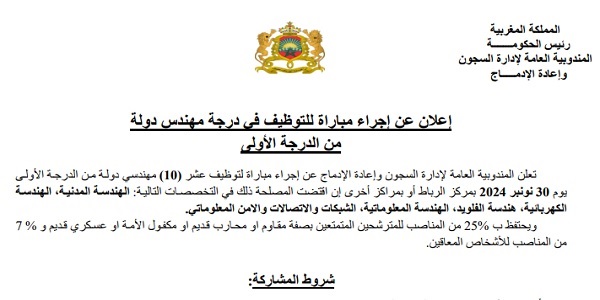 المندوبية العامة لإدارة السجون وإعادة الإدماج : مباريات لتوظيف 22 مناصب. آخر أجل 27 اكتوبر 2024