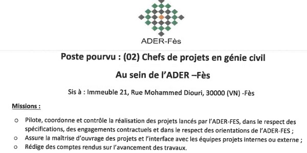 وكالة التنمية ورد الاعتبار لمدينة فاس (ADER FES) : مباريات لتوظيف 03 مناصب. آخر أجل 29 نونبر 2024