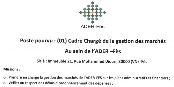 وكالة التنمية ورد الاعتبار لمدينة فاس (ADER FES) : مباريات لتوظيف 02 مناصب. آخر أجل 15 نونبر 2024