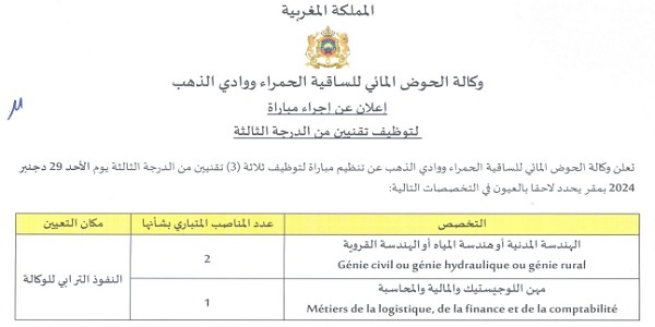 وكالة الحوض المائي للساقية الحمراء ووادي الذهب : مباريات لتوظيف 03 مناصب. آخر أجل 10 دجنبر 2024