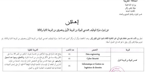 وزارة الداخلية -عمالة إقليم بركان- : مباريات لتوظيف 05 مناصب. آخر أجل 11 نونبر 2024