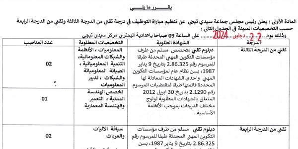 جماعة سيدي التيجي (إقليم آسفي) : مباريات لتوظيف 05 مناصب. آخر أجل 22 نونبر 2024