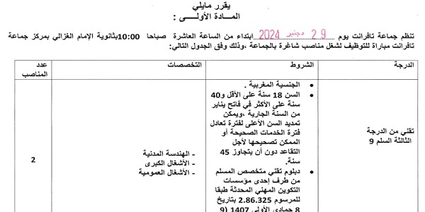 إقليم تاونات : مباريات لتوظيف 04 مناصب. آخر أجل 16 دجنبر 2024