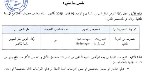 وكالة الحوض المائي لسوس ماسة : مباريات لتوظيف 03 مناصب. آخر أجل 27 دجنبر 2024