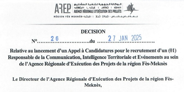 الوكالة الجهوية لتنفيذ المشاريع لجهة فاس – مكناس : مباريات لتوظيف 04 مناصب. آخر أجل 17 فبراير 2025