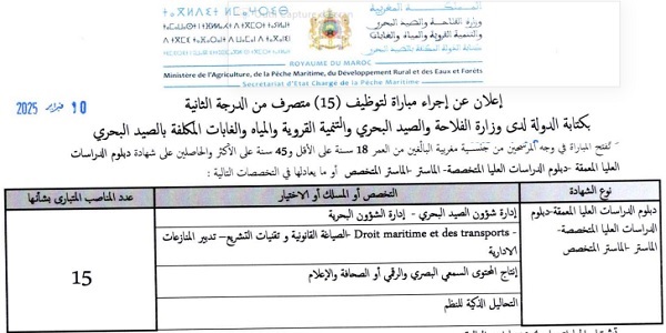 وزارة الفلاحة والصيد البحري والتنمية القروية والمياه والغابات : مباريات لتوظيف 15 مناصب. آخر أجل 28 فبراير 2025