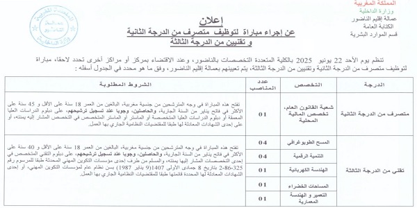 وزارة الداخلية -عمالة إقليم الناضور- : مباريات لتوظيف 12 مناصب. آخر أجل 16 ماي 2025